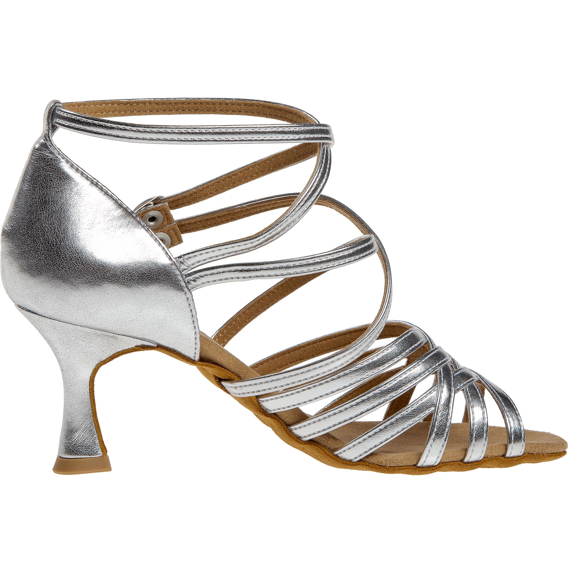 Diamant 108 Tanzschuhe in Silber mit kleiner Schnalle und brauner Sohle, perfekt zum Tanzen die ganze Nacht.